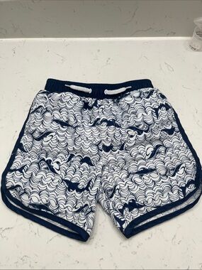 Kids Blue and White Wave-Print Swim Trunks